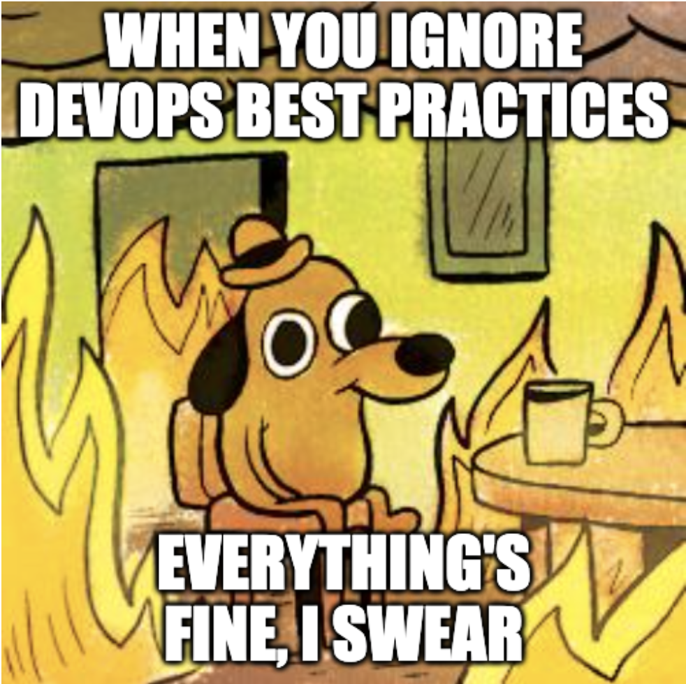 Everything on fire meme with &quot;When you ignore DevOps best practices.&quot; and sarcastically &quot;Everything&#39;s fine, I swear.&quot;